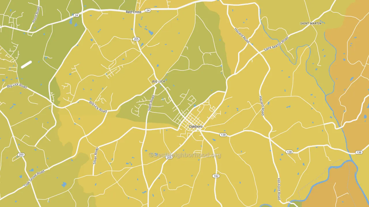 Map of the best neighborhoods in the Oakboro area, with better matches in green and worse matches in red
