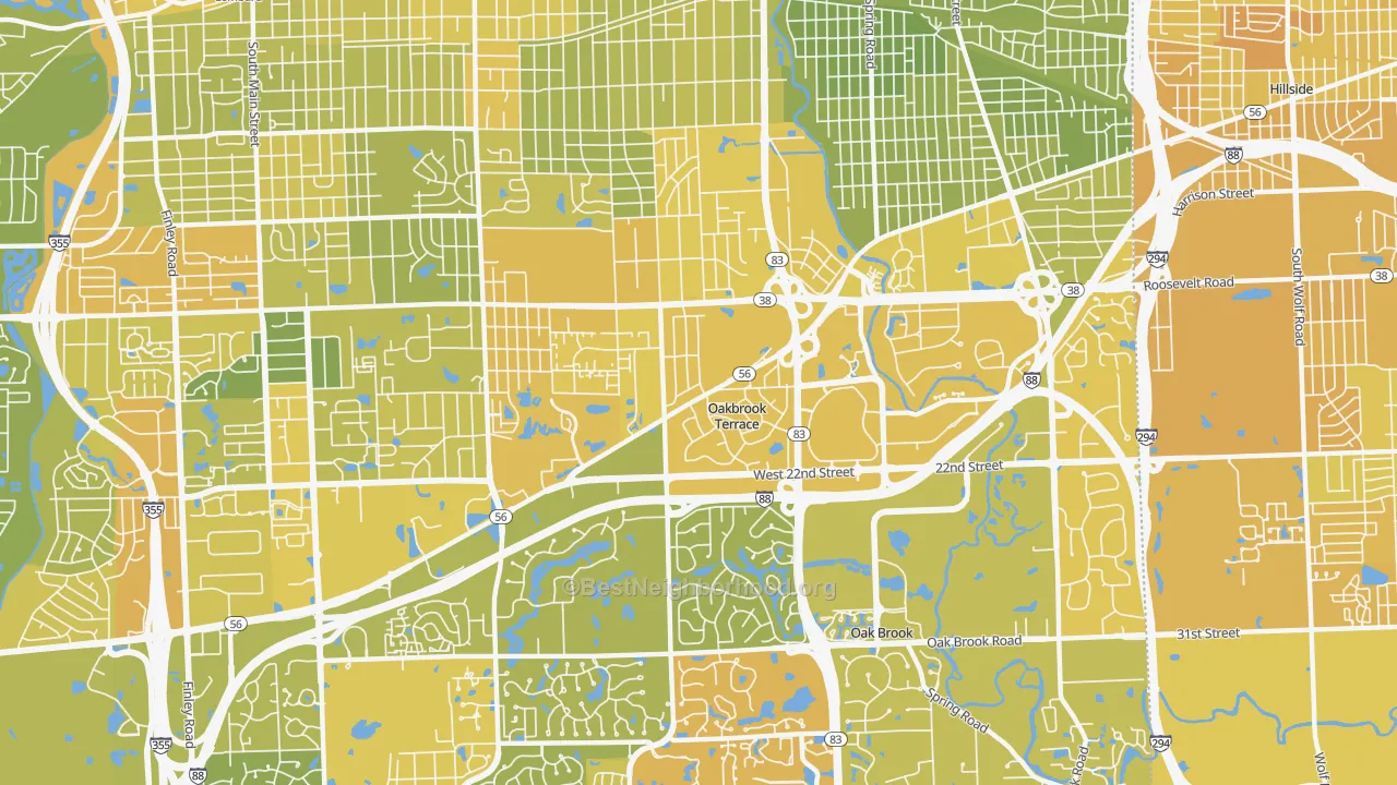 Map of the best neighborhoods in the Oakbrook Terrace area, with better matches in green and worse matches in red