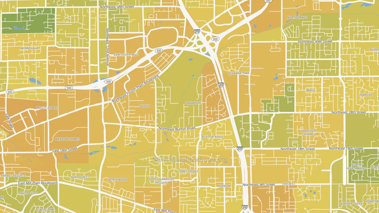 Map of the best neighborhoods in the Oakbrook, Vancouver area, with better matches in green and worse matches in red