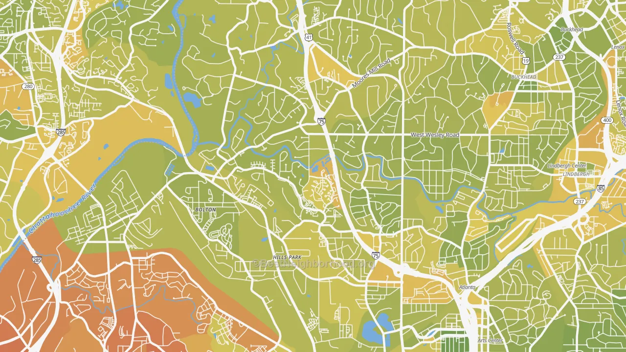 Map of the best neighborhoods in the Oakdale, Atlanta area, with better matches in green and worse matches in red