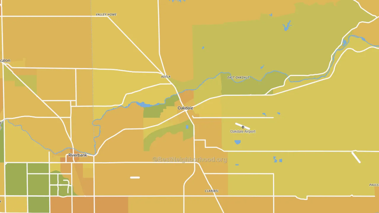 Map of the best neighborhoods in the Oakdale area, with better matches in green and worse matches in red
