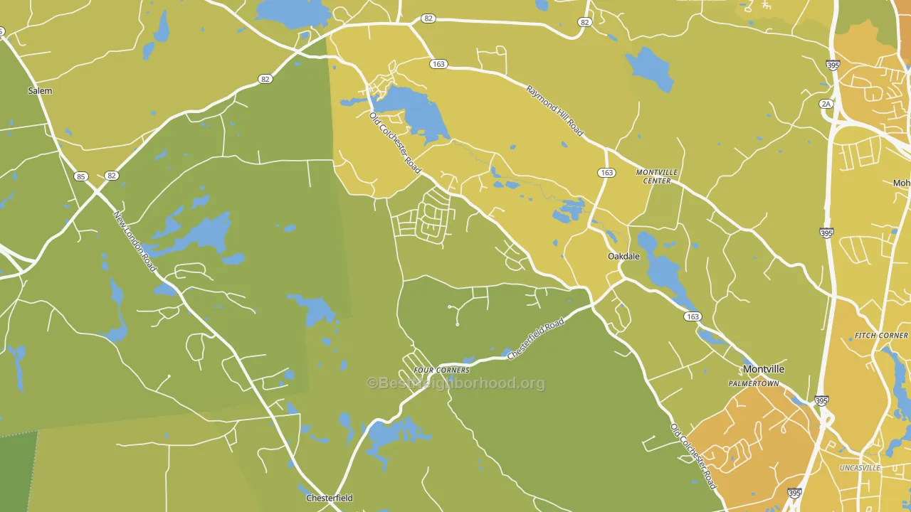 Map of the best neighborhoods in the Oakdale area, with better matches in green and worse matches in red
