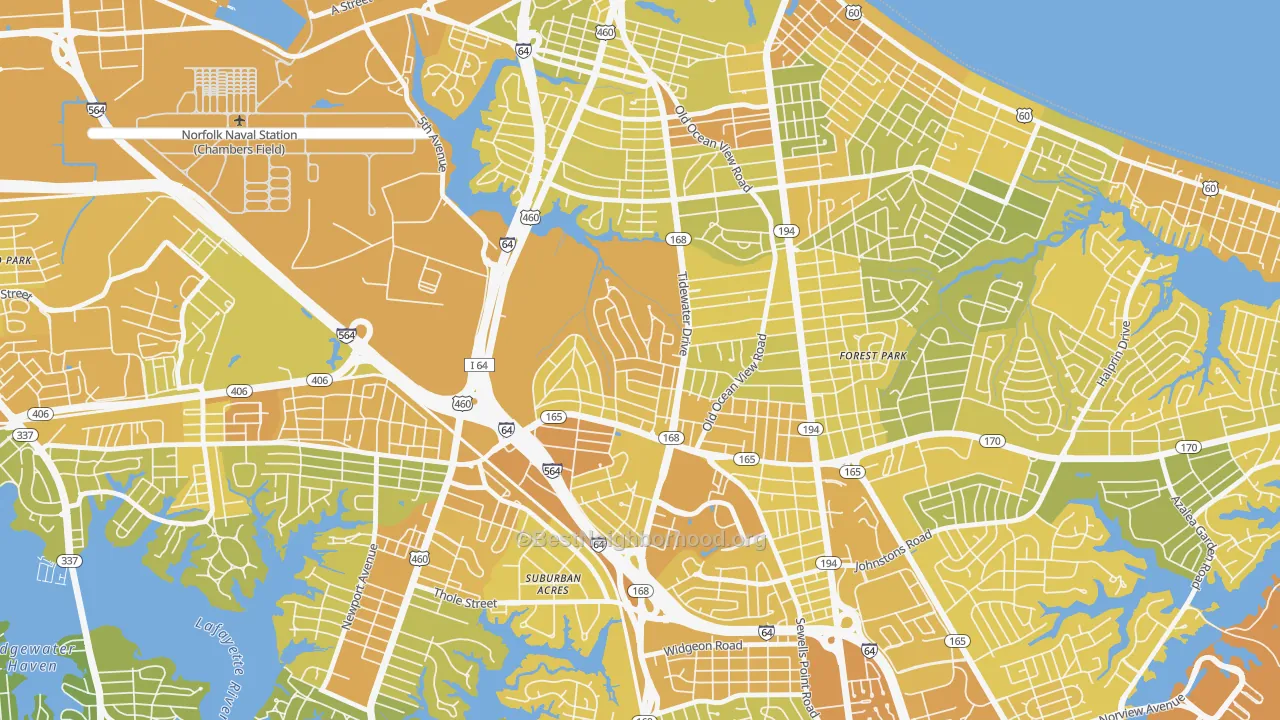 Map of the best neighborhoods in the Oakdale Farms, Norfolk area, with better matches in green and worse matches in red