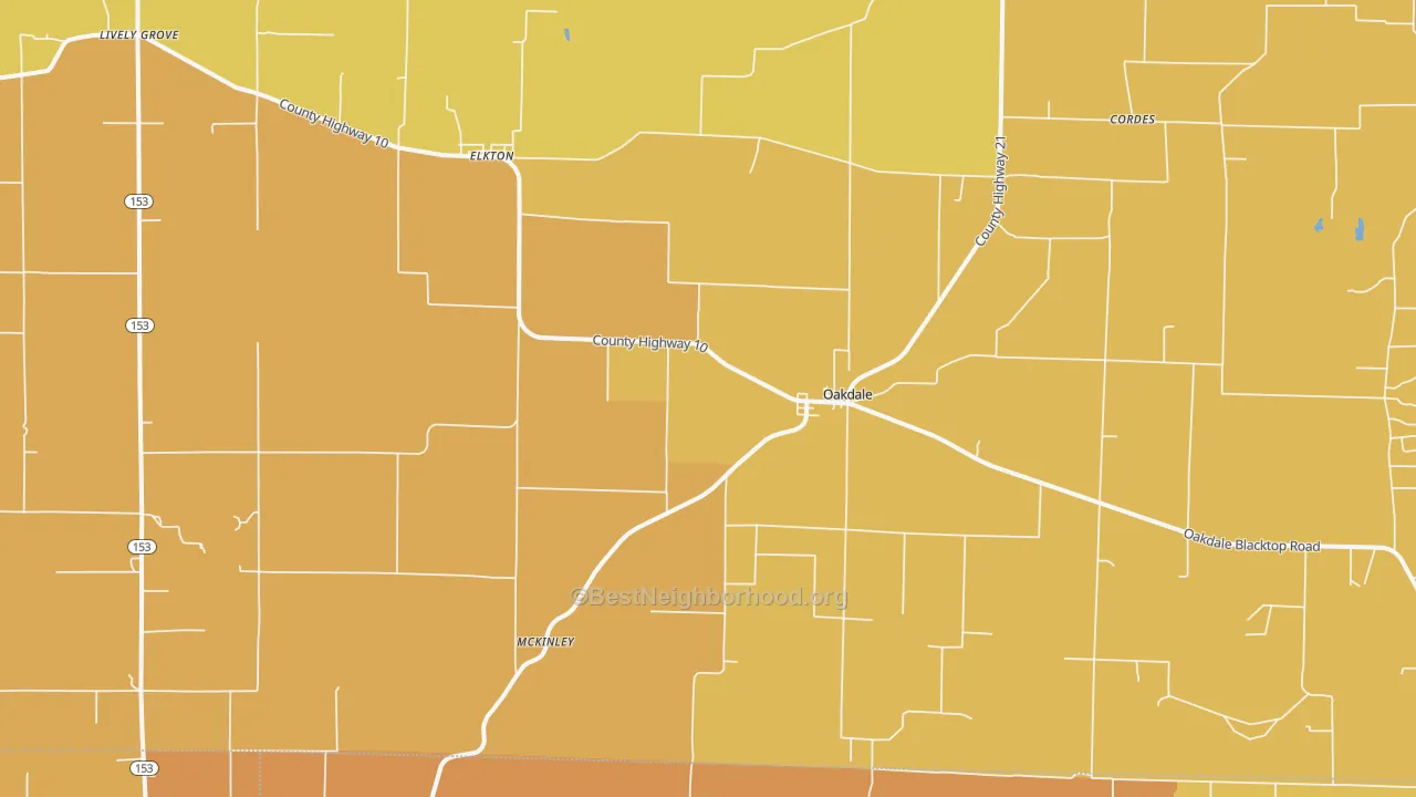 Map of the best neighborhoods in the Oakdale area, with better matches in green and worse matches in red