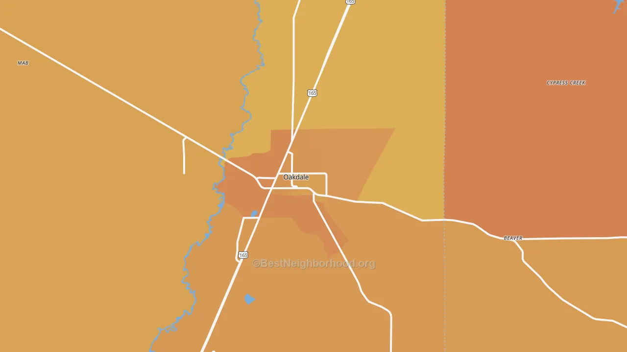 Map of the best neighborhoods in the Oakdale area, with better matches in green and worse matches in red