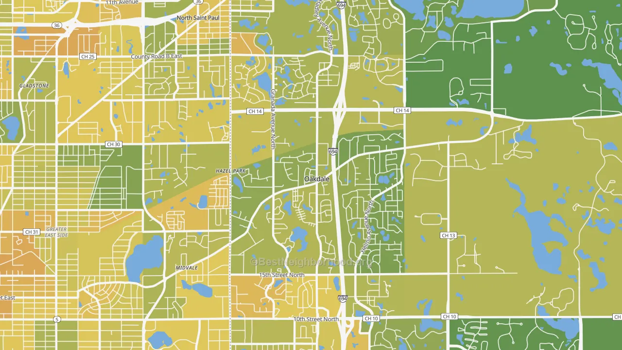 Map of the best neighborhoods in the Oakdale area, with better matches in green and worse matches in red