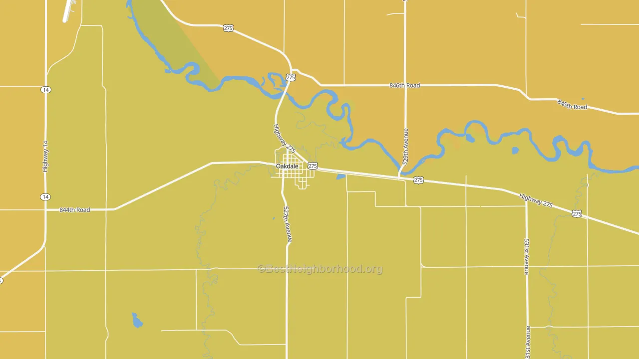 Map of the best neighborhoods in the Oakdale area, with better matches in green and worse matches in red