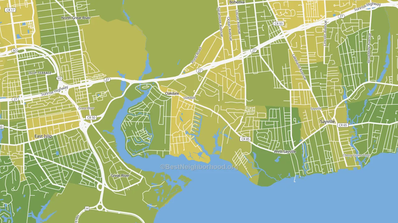 Map of the best neighborhoods in the Oakdale area, with better matches in green and worse matches in red