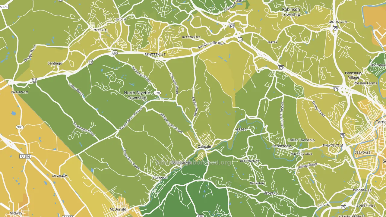 Map of the best neighborhoods in the Oakdale area, with better matches in green and worse matches in red
