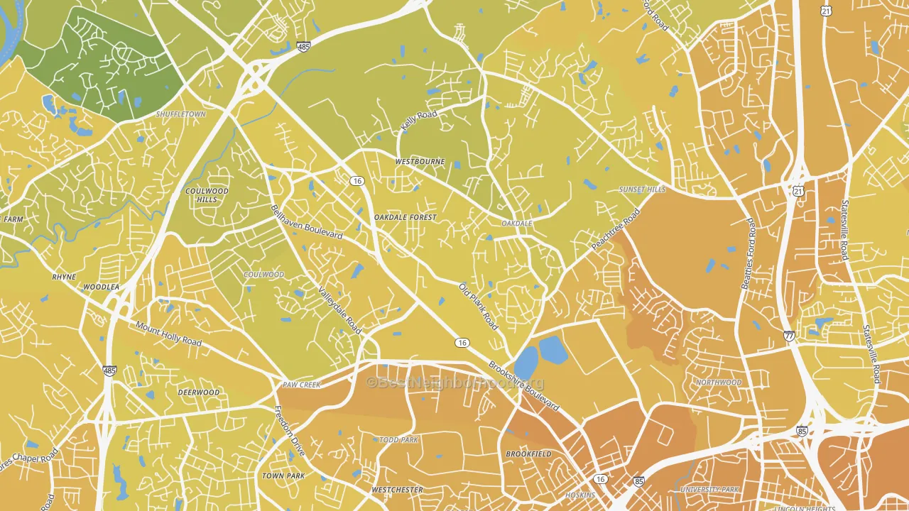 Map of the best neighborhoods in the Oakdale South, Charlotte area, with better matches in green and worse matches in red