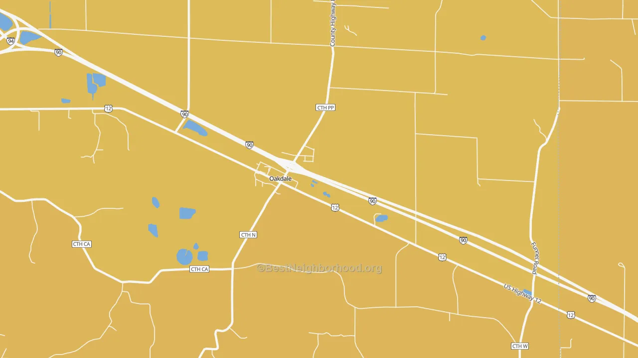 Map of the best neighborhoods in the Oakdale area, with better matches in green and worse matches in red