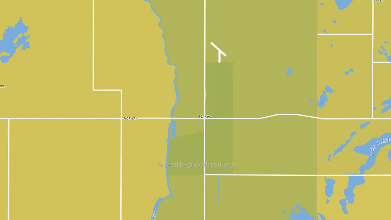 Map of the best neighborhoods in the Oakes area, with better matches in green and worse matches in red