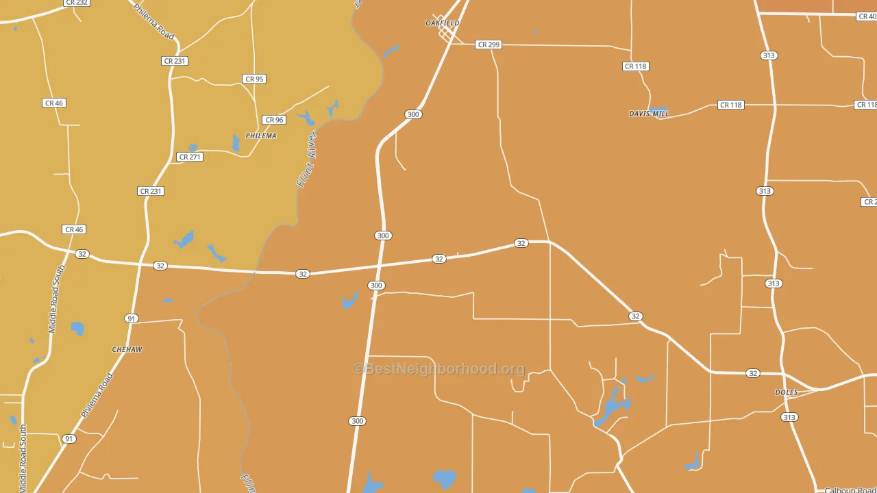 Map of the best neighborhoods in the Oakfield area, with better matches in green and worse matches in red