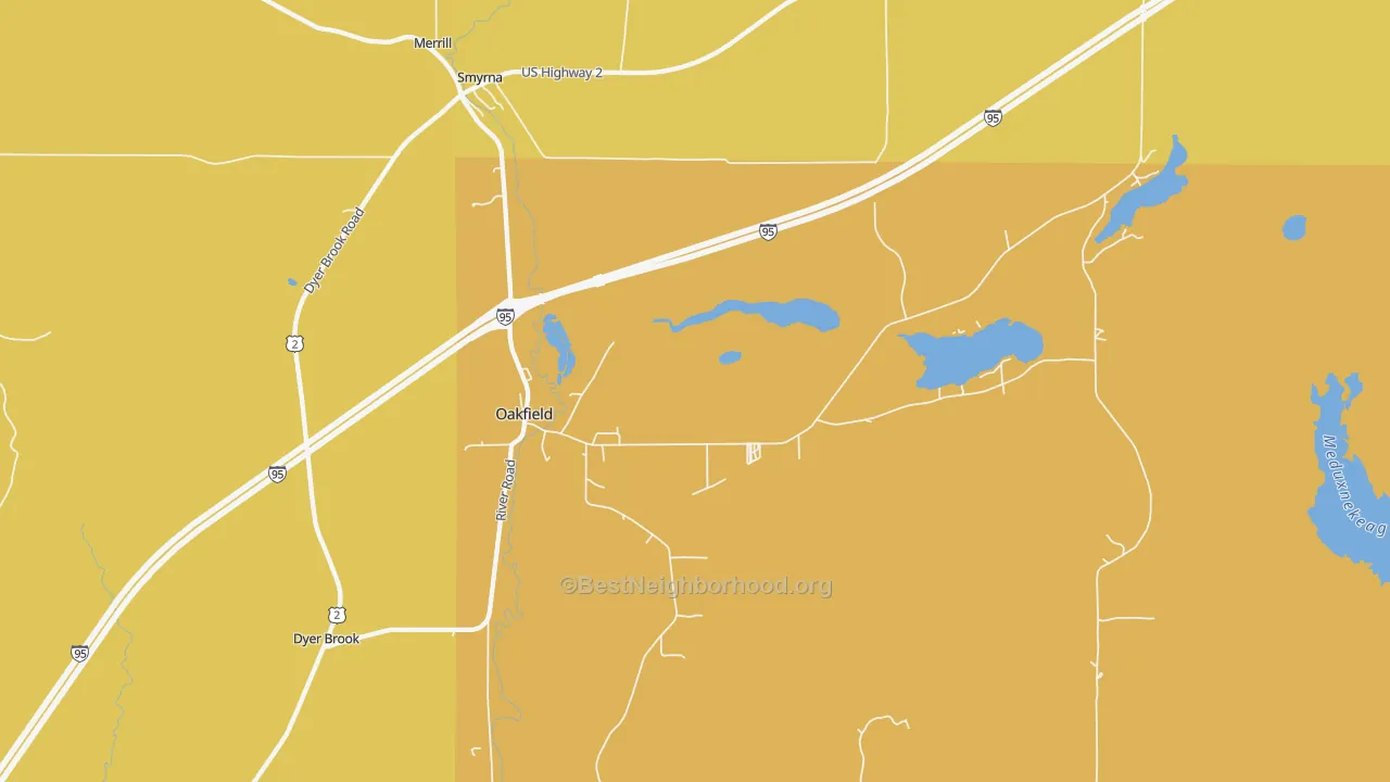 Map of the best neighborhoods in the Oakfield area, with better matches in green and worse matches in red