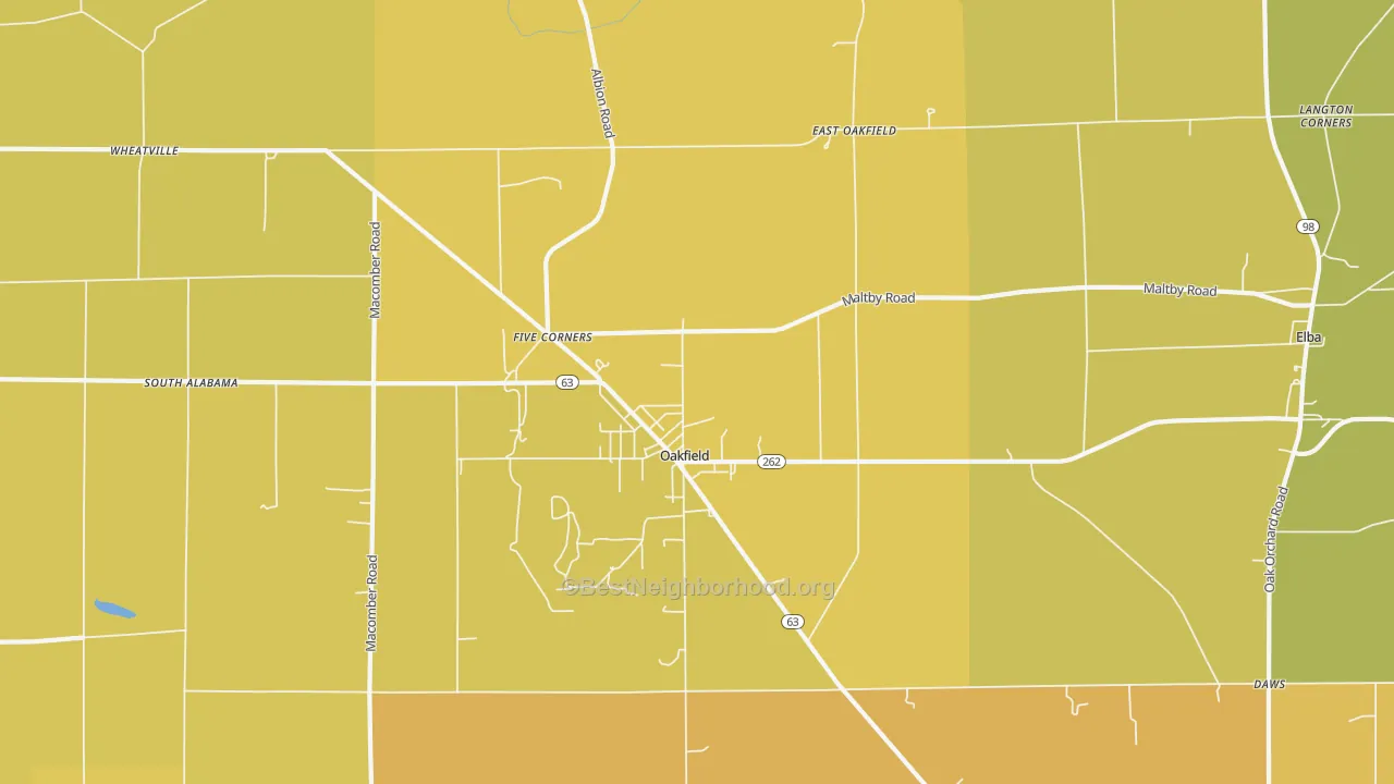 Map of the best neighborhoods in the Oakfield area, with better matches in green and worse matches in red
