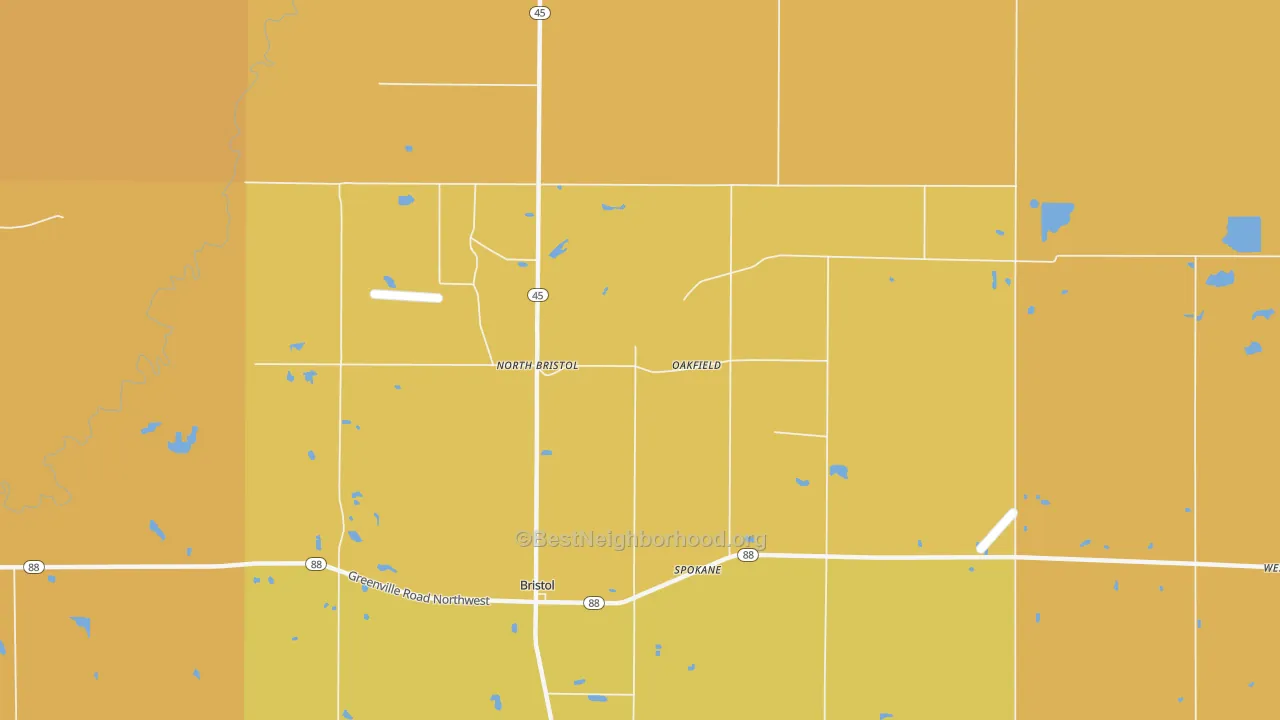 Map of the best neighborhoods in the Oakfield area, with better matches in green and worse matches in red