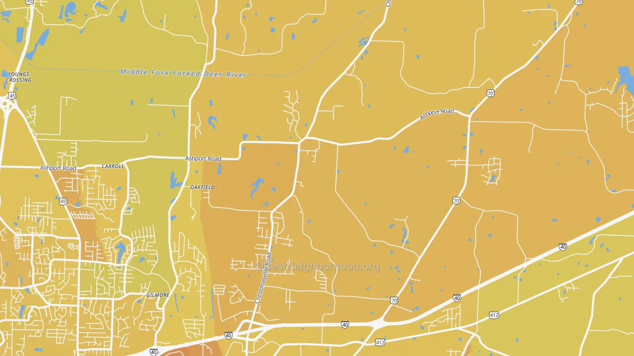 Map of the best neighborhoods in the Oakfield area, with better matches in green and worse matches in red