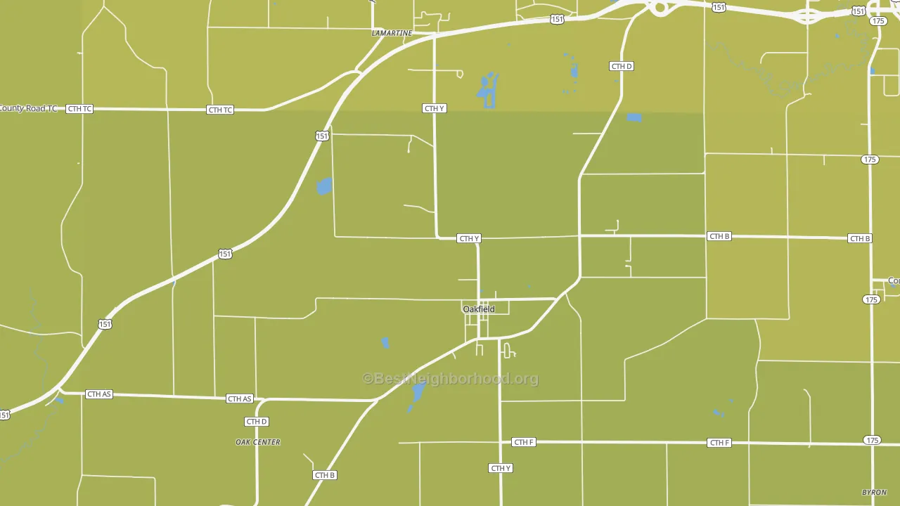 Map of the best neighborhoods in the Oakfield area, with better matches in green and worse matches in red