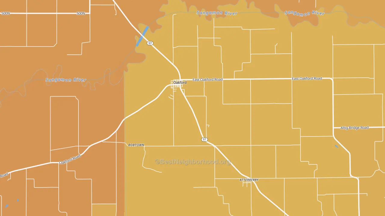 Map of the best neighborhoods in the Oakford area, with better matches in green and worse matches in red