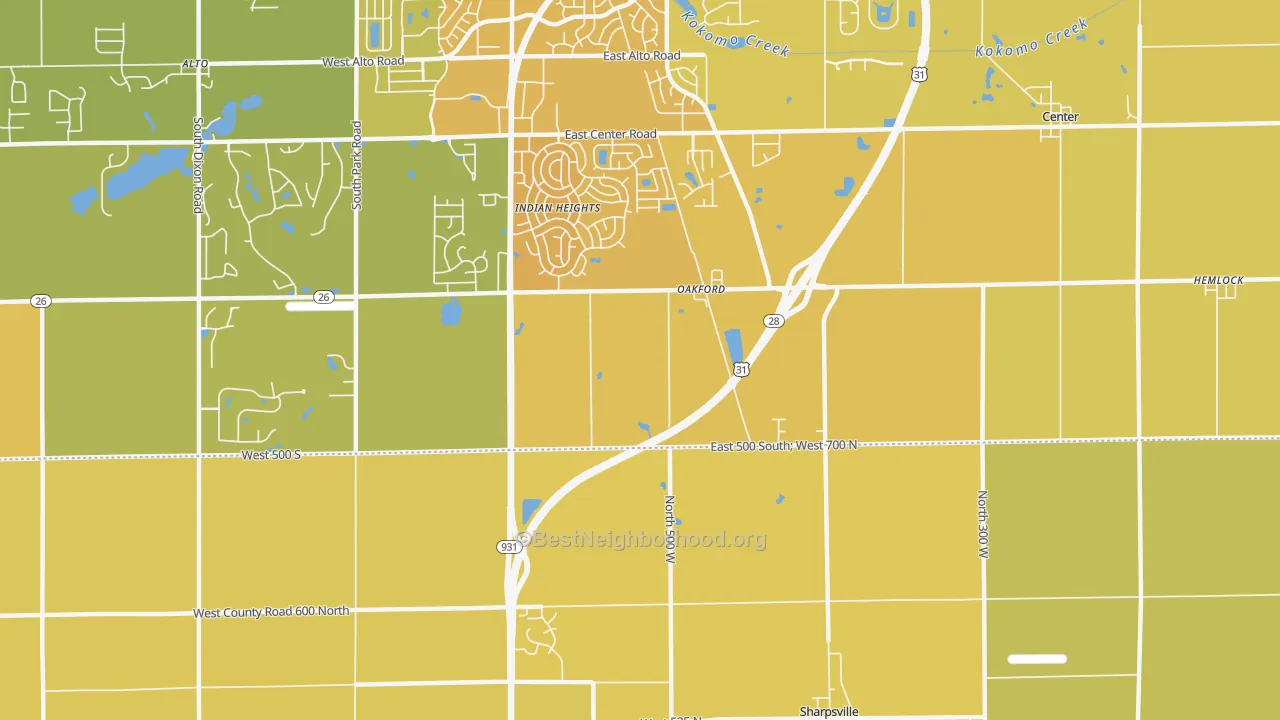 Map of the best neighborhoods in the Oakford area, with better matches in green and worse matches in red