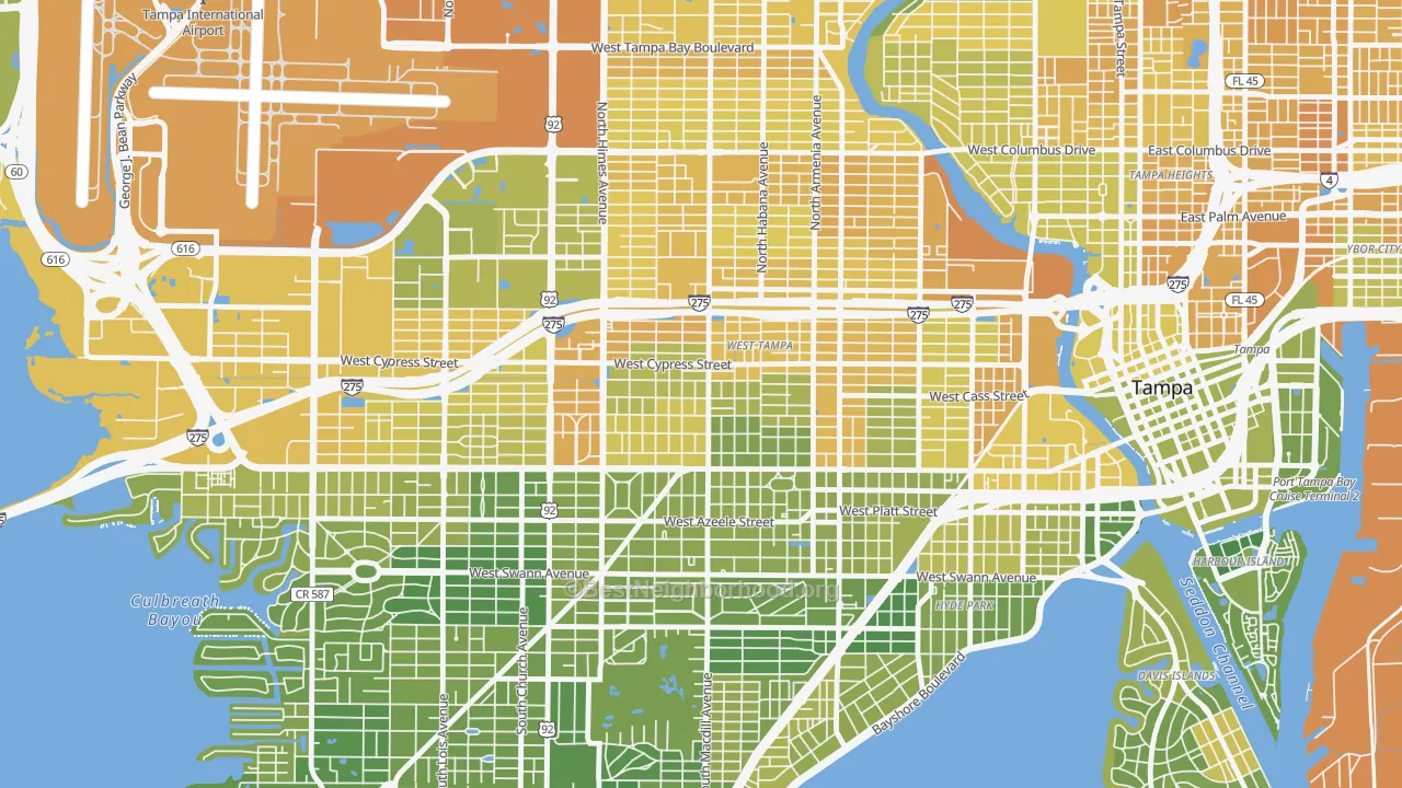 Map of the best neighborhoods in the Oakford Park, Tampa area, with better matches in green and worse matches in red