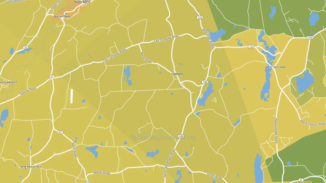 Map of the best neighborhoods in the Oakham area, with better matches in green and worse matches in red