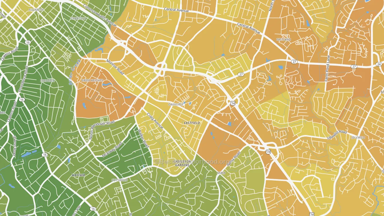 Map of the best neighborhoods in the Oakhurst, Charlotte area, with better matches in green and worse matches in red