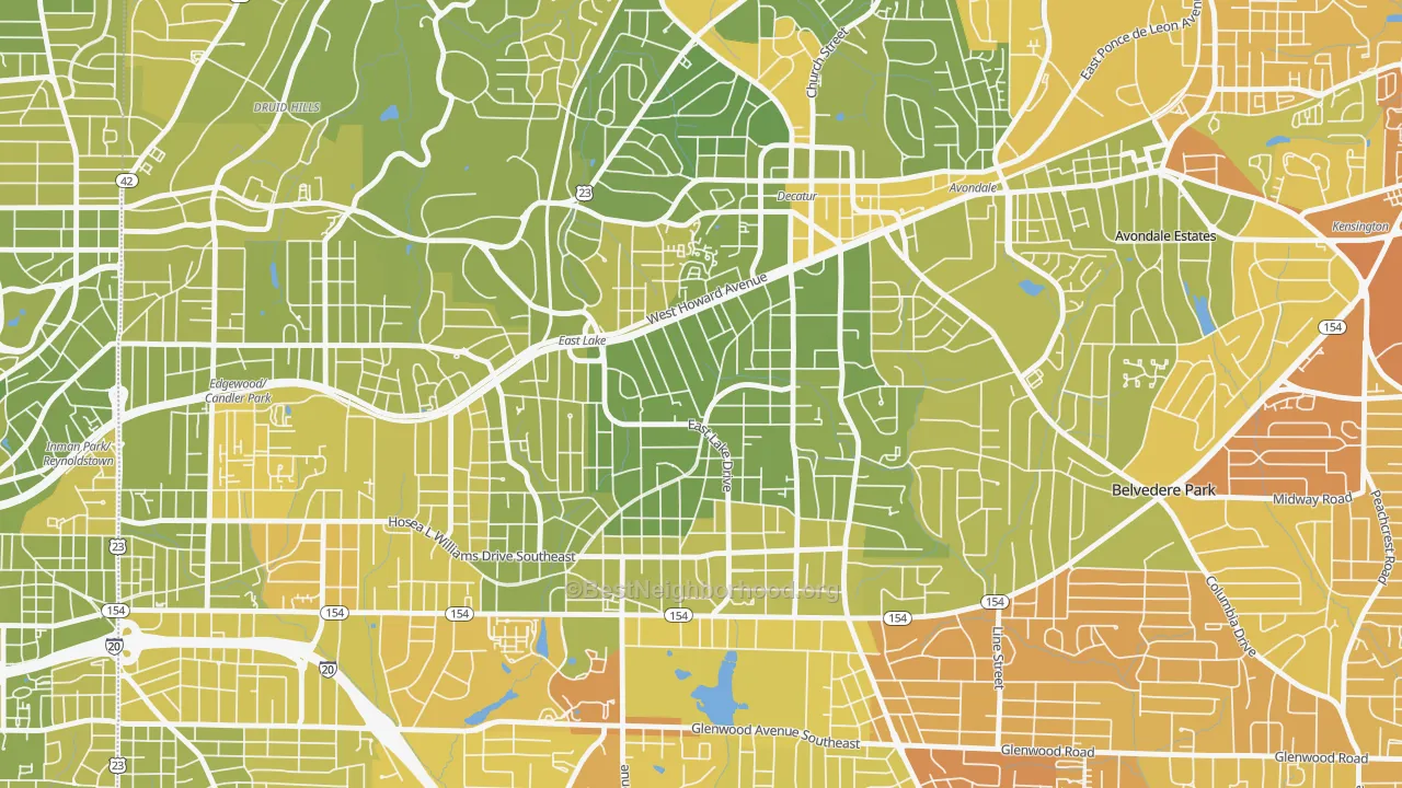 Map of the best neighborhoods in the Oakhurst, Decatur area, with better matches in green and worse matches in red
