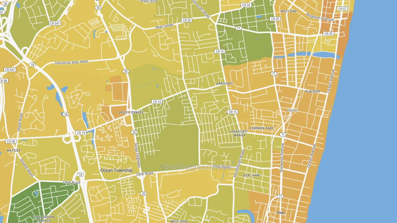 Map of the best neighborhoods in the Oakhurst area, with better matches in green and worse matches in red