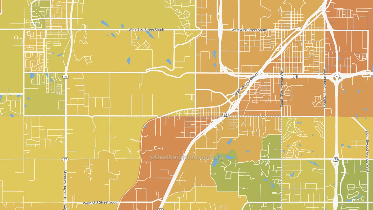Map of the best neighborhoods in the Oakhurst area, with better matches in green and worse matches in red