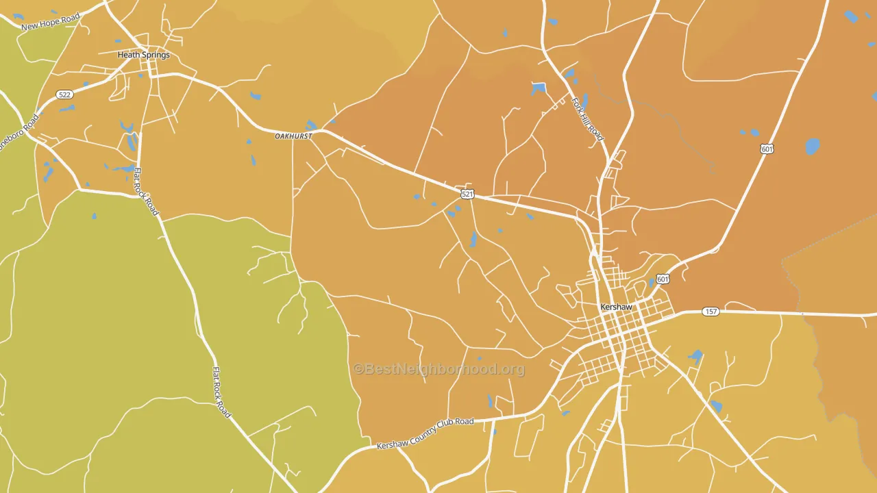 Map of the best neighborhoods in the Oakhurst area, with better matches in green and worse matches in red