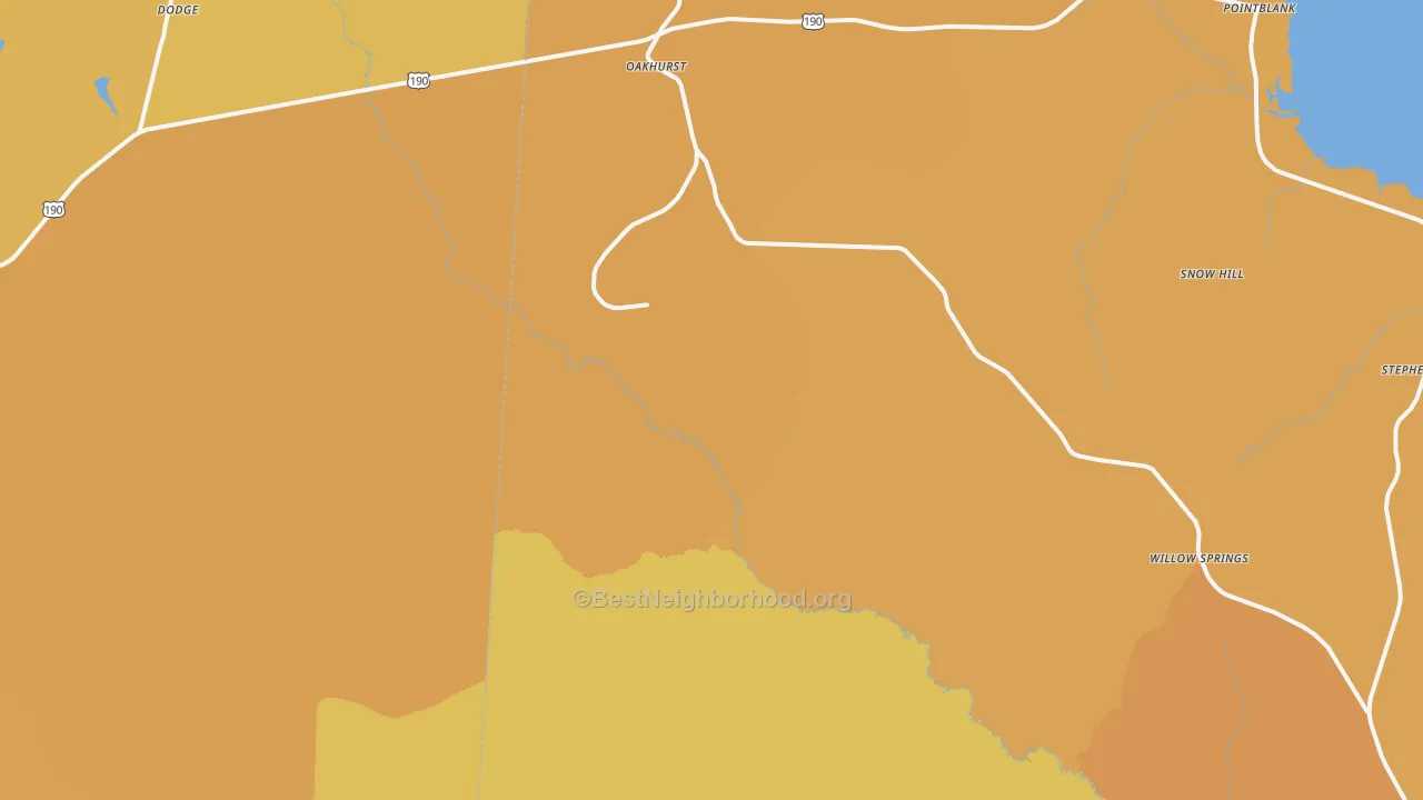 Map of the best neighborhoods in the Oakhurst area, with better matches in green and worse matches in red