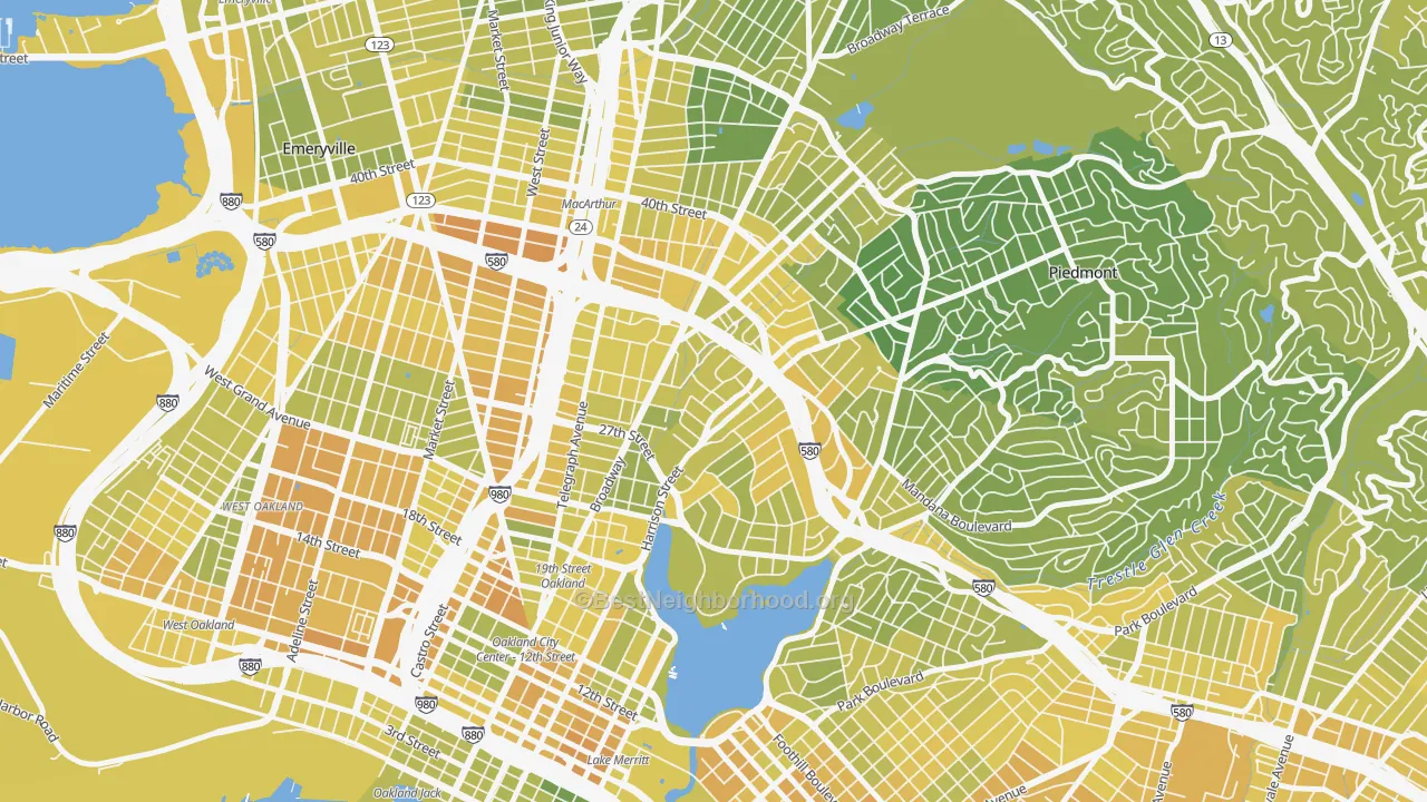 Map of the best neighborhoods in the Oakland Ave-Harrison Street, Oakland area, with better matches in green and worse matches in red