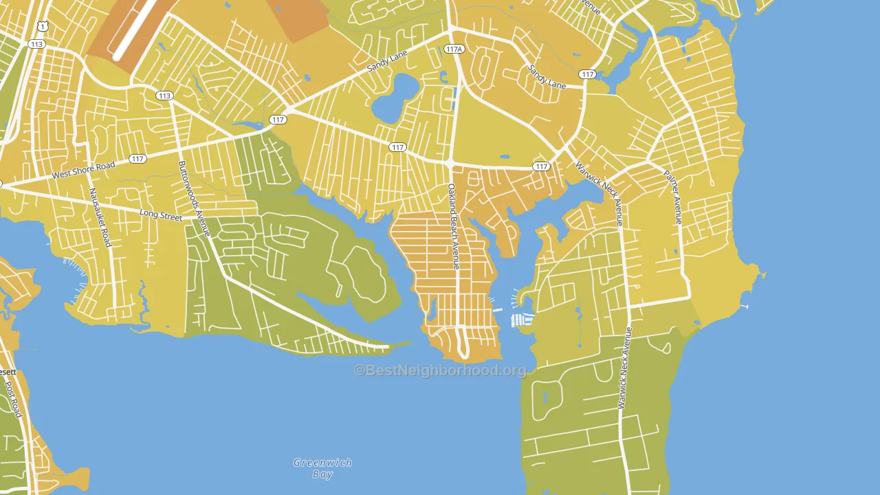 Map of the best neighborhoods in the Oakland Beach, Warwick area, with better matches in green and worse matches in red