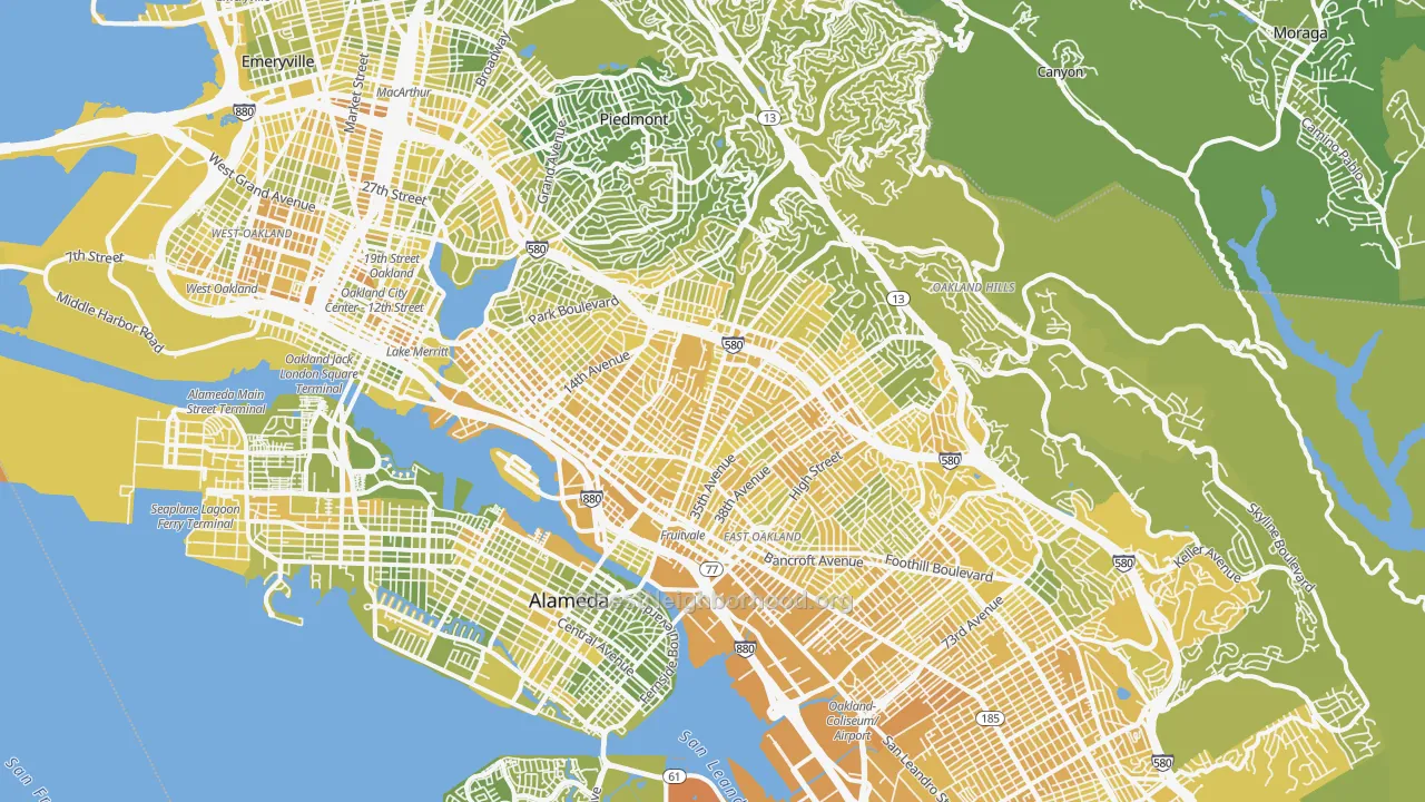 Map of the best neighborhoods in the Oakland area, with better matches in green and worse matches in red