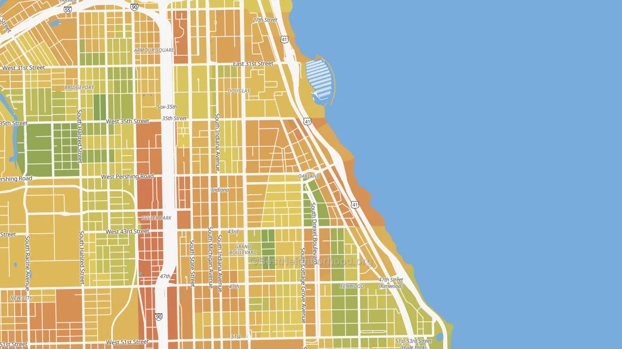 Map of the best neighborhoods in the Oakland, Chicago area, with better matches in green and worse matches in red