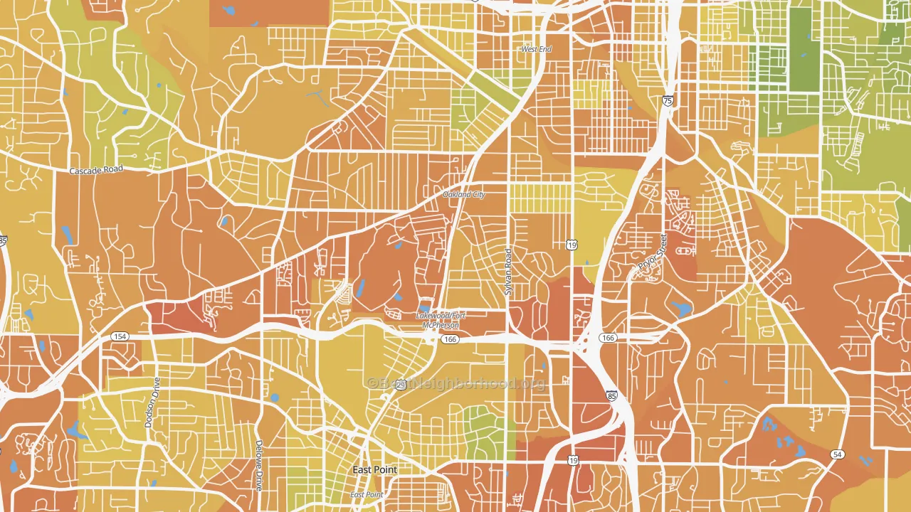Map of the best neighborhoods in the Oakland City, Atlanta area, with better matches in green and worse matches in red