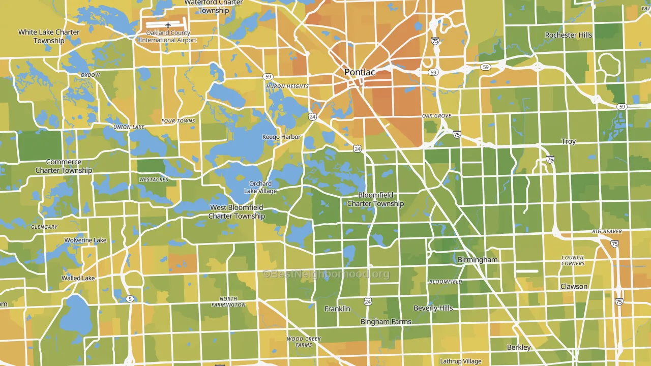 Map of the best neighborhoods in the Oakland County area, with better matches in green and worse matches in red