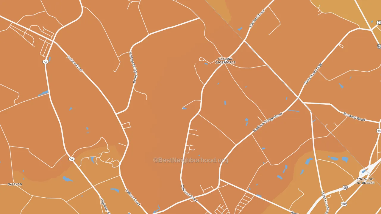 Map of the best neighborhoods in the Oakland Cross Roads area, with better matches in green and worse matches in red