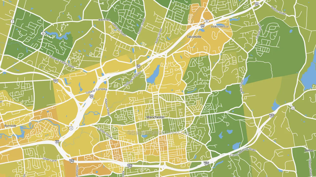 Map of the best neighborhoods in the Oakland area, with better matches in green and worse matches in red