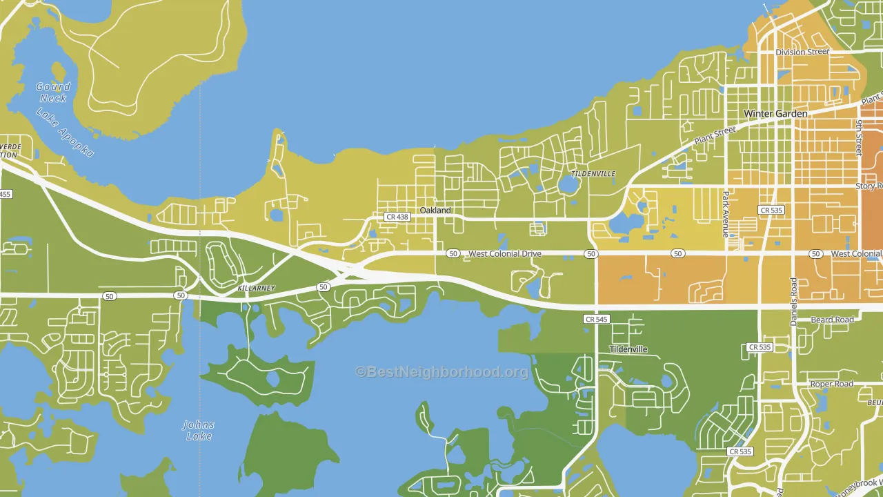 Map of the best neighborhoods in the Oakland area, with better matches in green and worse matches in red