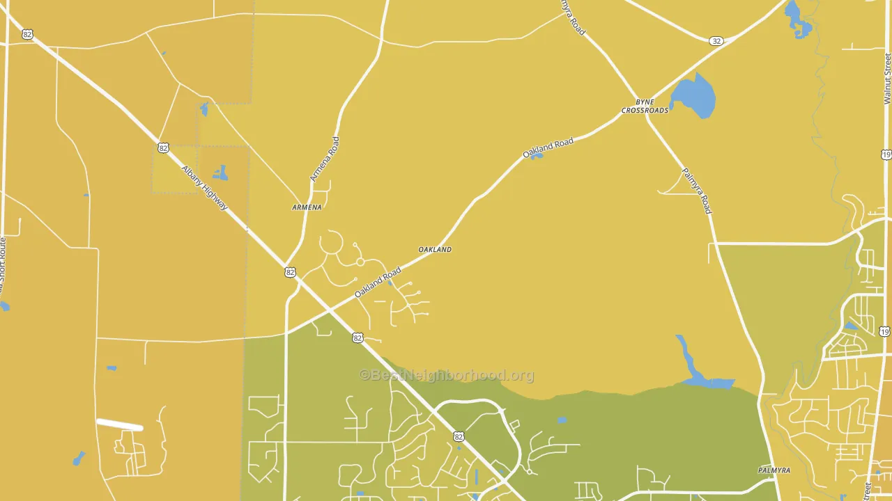 Map of the best neighborhoods in the Oakland area, with better matches in green and worse matches in red