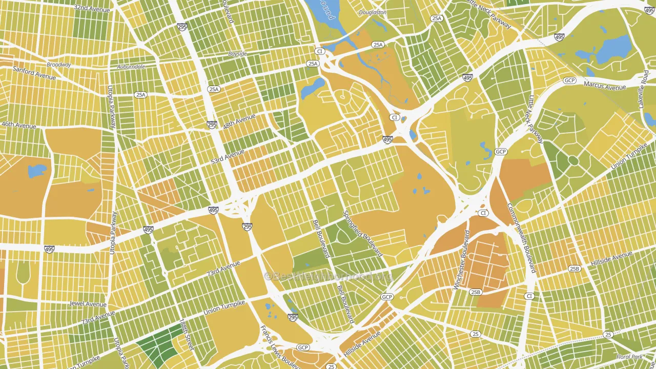 Map of the best neighborhoods in the Oakland Gardens, Queens area, with better matches in green and worse matches in red
