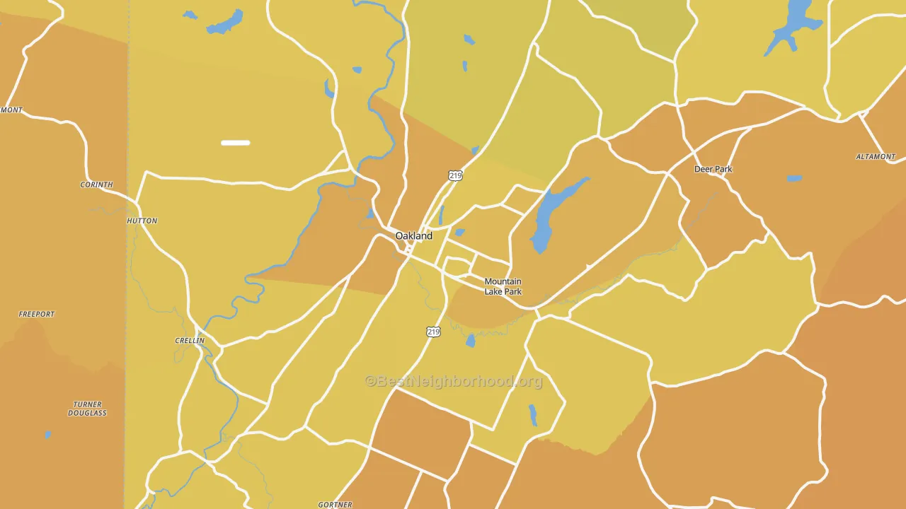 Map of the best neighborhoods in the Oakland area, with better matches in green and worse matches in red