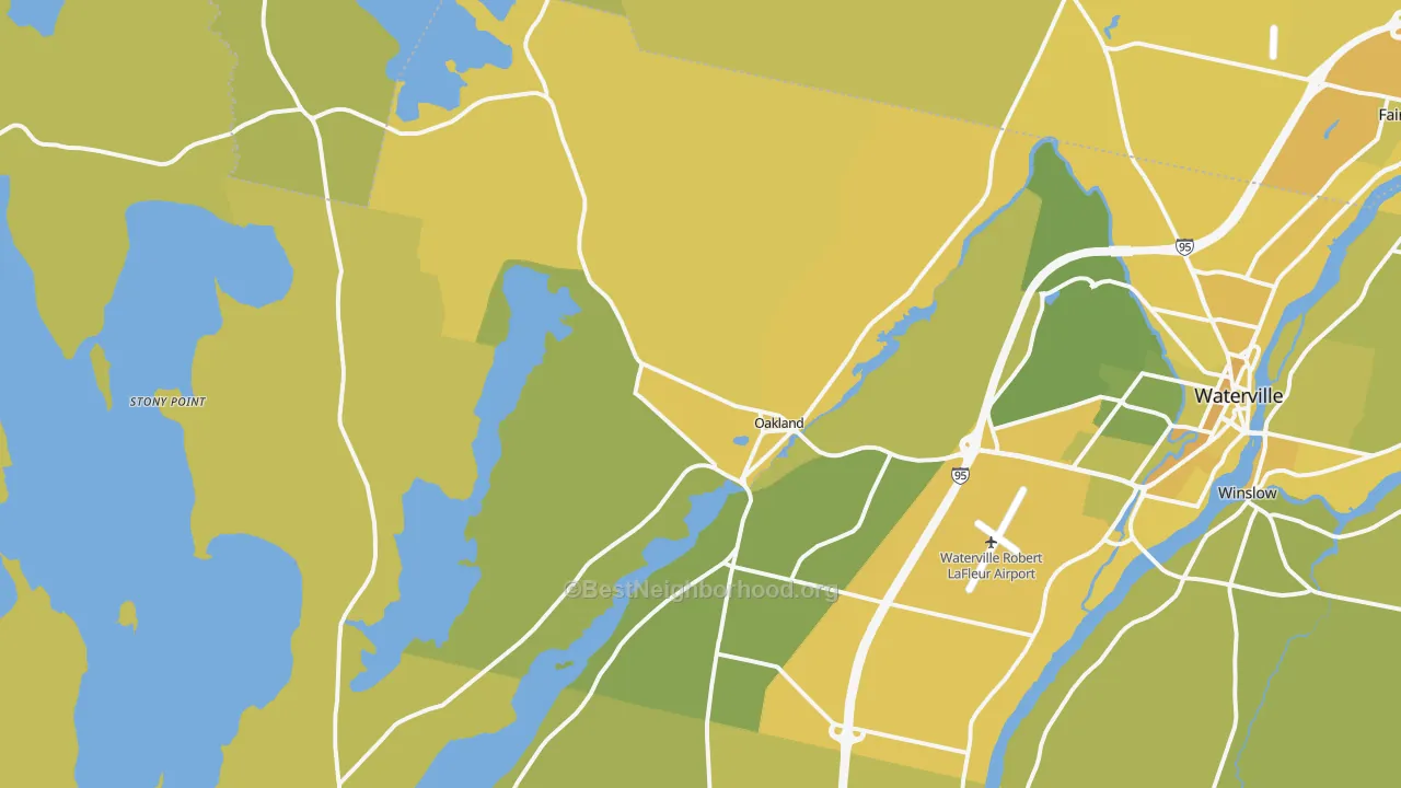 Map of the best neighborhoods in the Oakland area, with better matches in green and worse matches in red