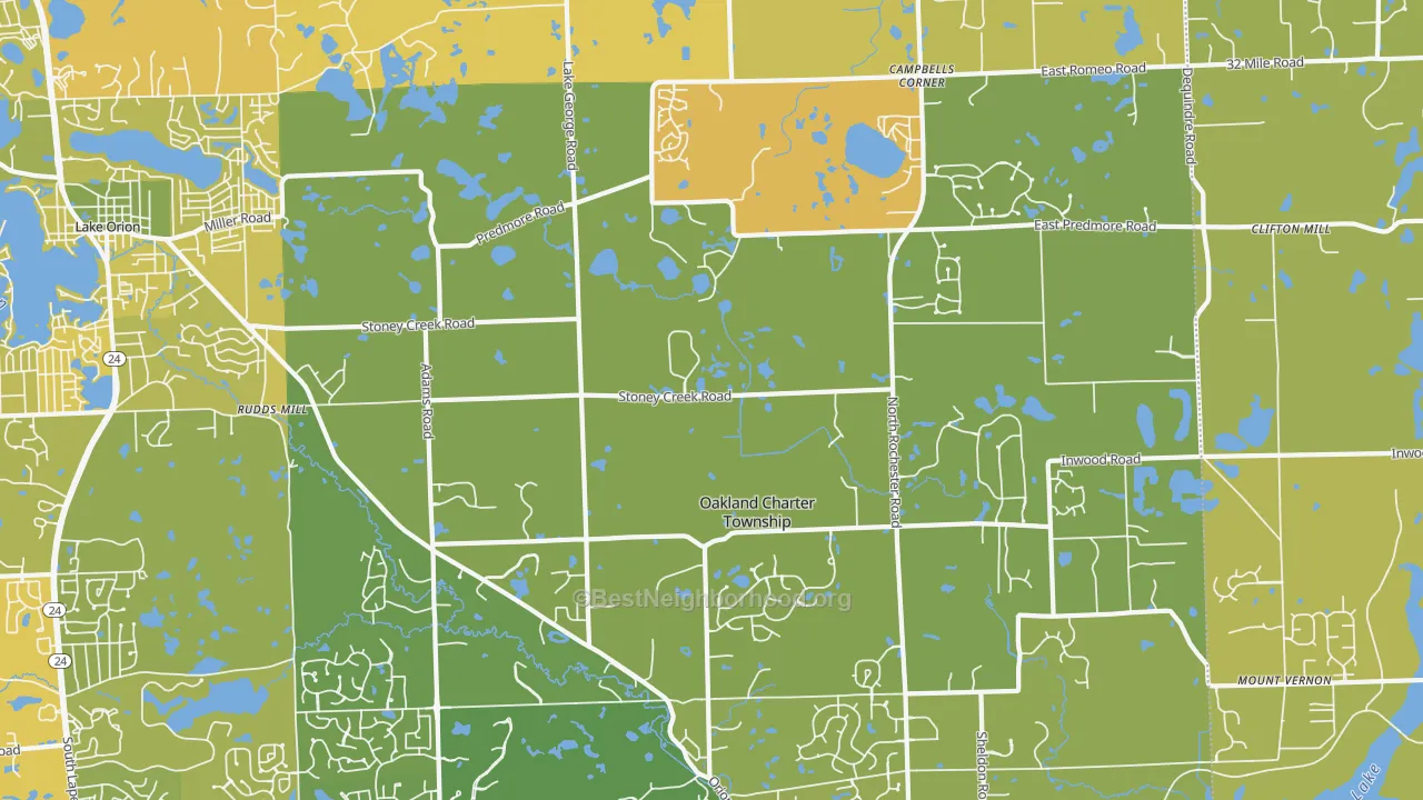 Map of the best neighborhoods in the Oakland area, with better matches in green and worse matches in red