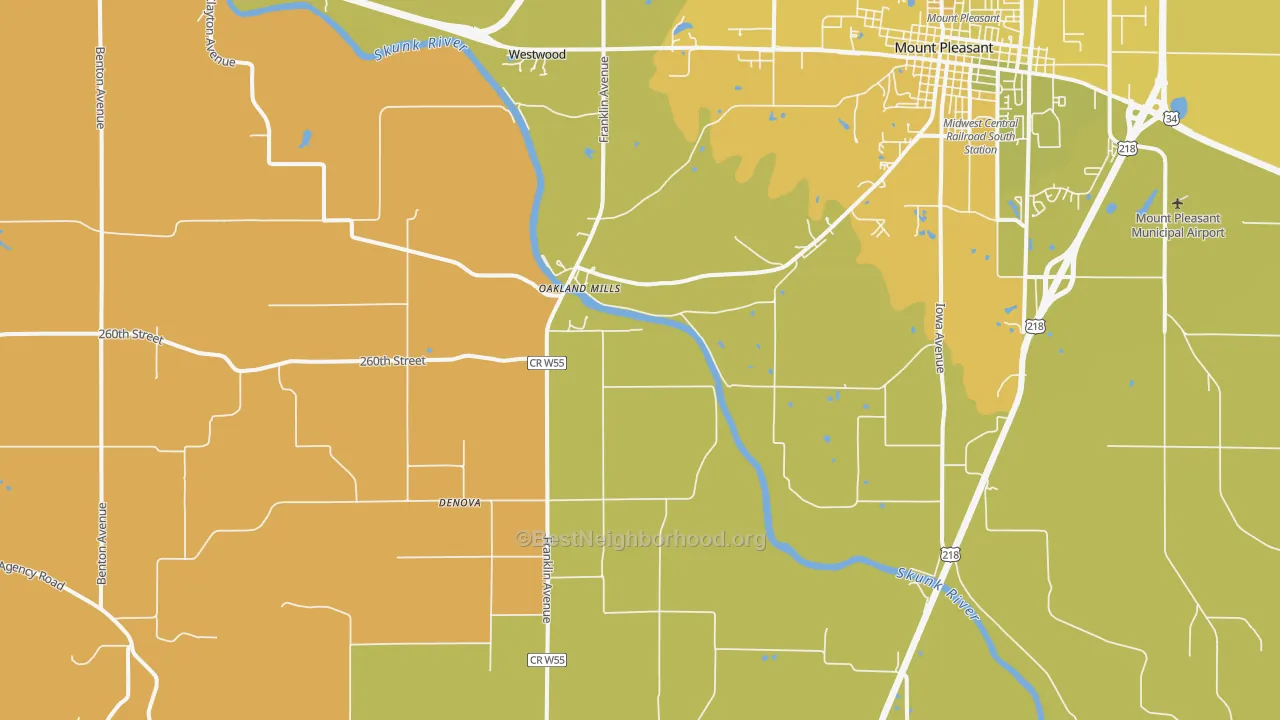 Map of the best neighborhoods in the Oakland Mills area, with better matches in green and worse matches in red