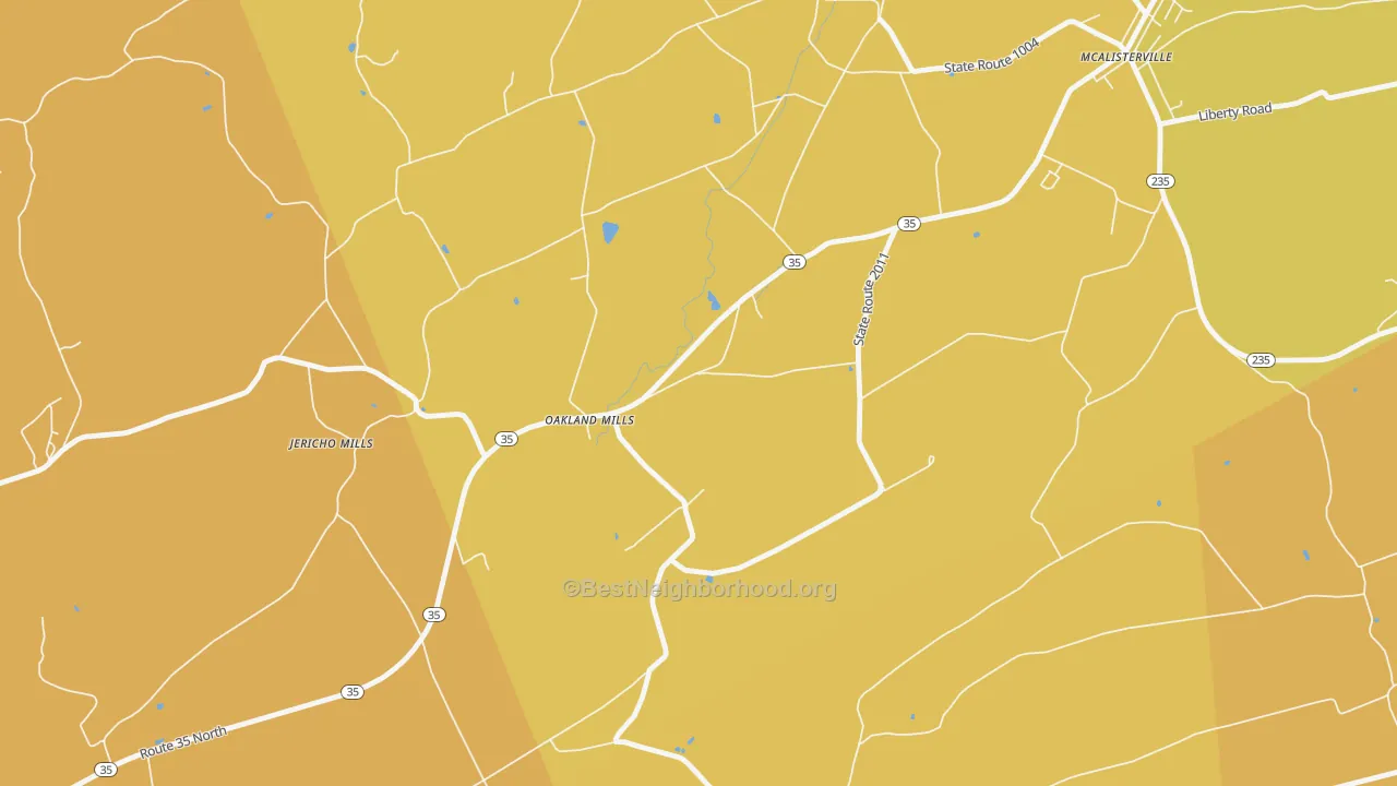 Map of the best neighborhoods in the Oakland Mills area, with better matches in green and worse matches in red