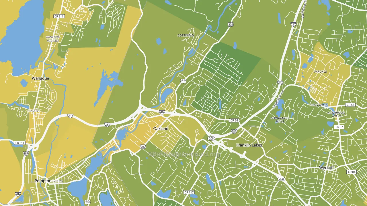 Map of the best neighborhoods in the Oakland area, with better matches in green and worse matches in red