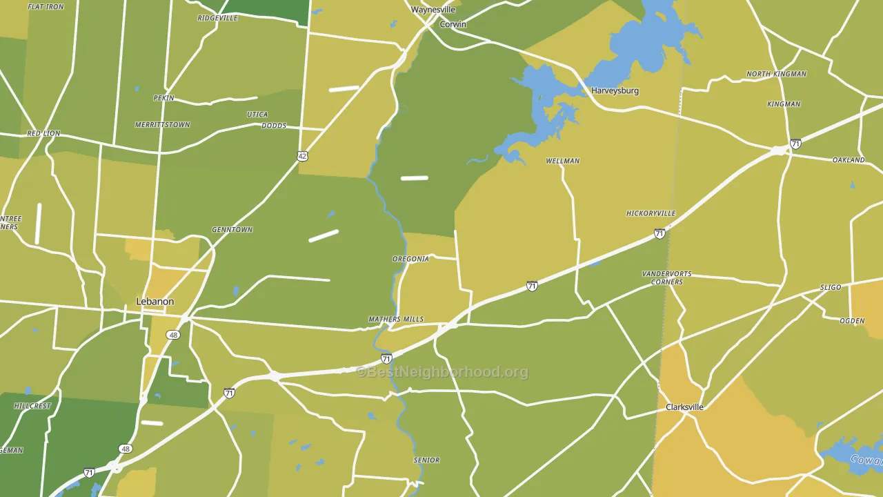 Map of the best neighborhoods in the Oakland area, with better matches in green and worse matches in red
